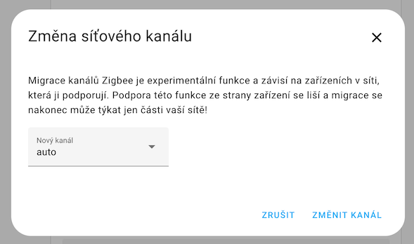 ZHA Změna kanálu